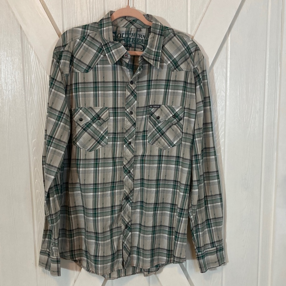 Southern Thread Western Plaid Green Men's Snap Up Shirt